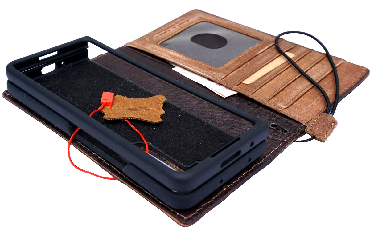 Handmade genuine leather phone case for Galaxy S24, S25 Ultra, and Z Fold 8 with wallet and vintage Bible book design by DAVISCASE
