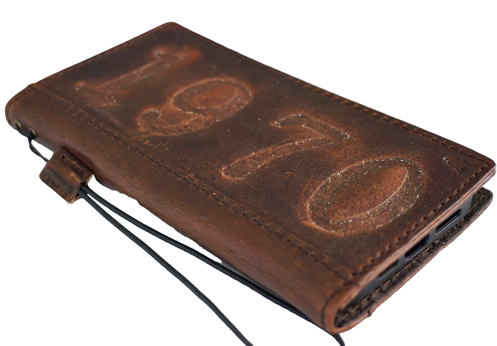 Handmade Daviscase genuine leather wallet case for iPhone 11 to 15 Pro Max, vintage style with credit card slots and full grain leather.