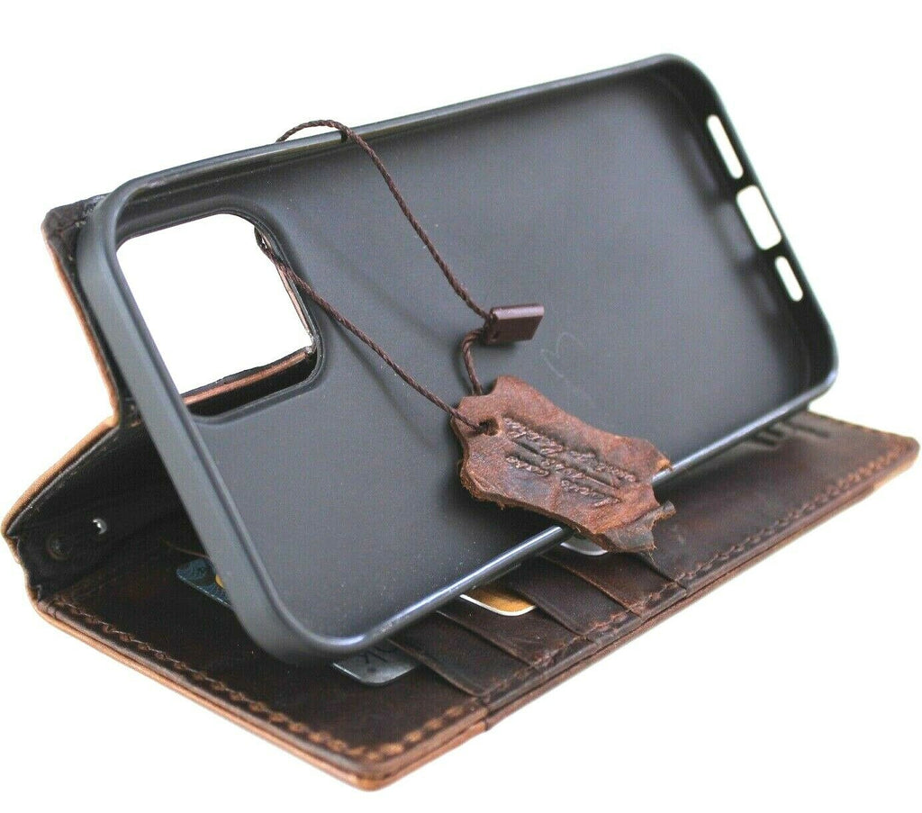 Handmade genuine leather phone case for iPhone models, featuring a mini football design and wallet-style book cover by DAVISCASE.