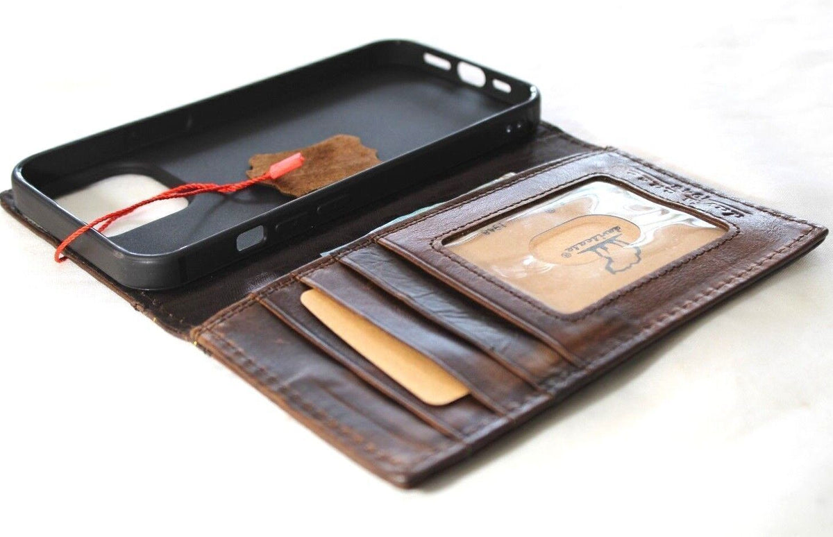 Handmade genuine leather Galaxy Z Fold 8-7 wallet case with vintage art tree of life design, credit card slots, and cover protection.