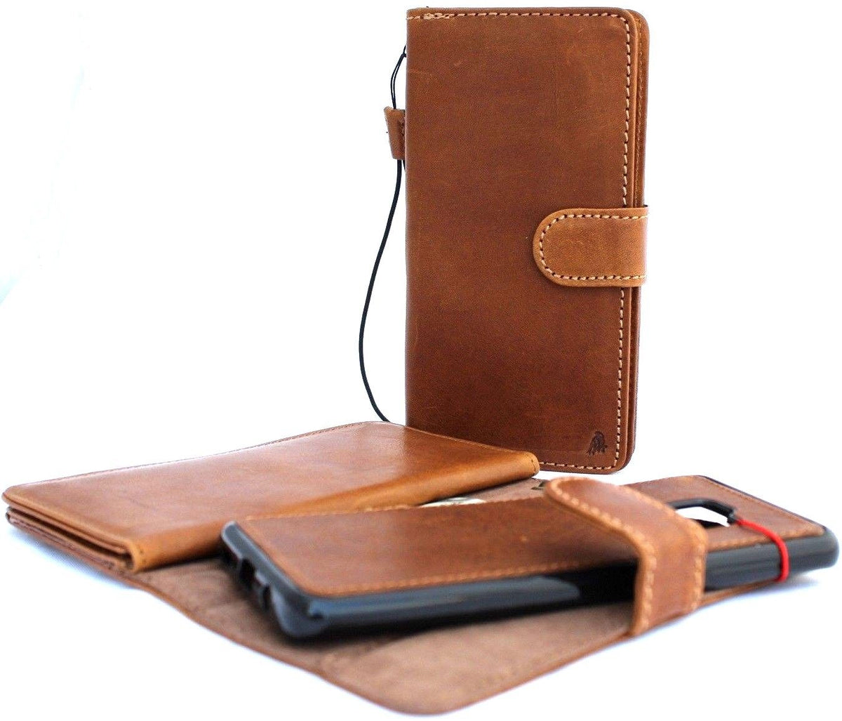 Genuine tan leather case for Google Pixel Fold by DAVISCASE, with wallet-style closure and removable design, featuring a classic retro look.