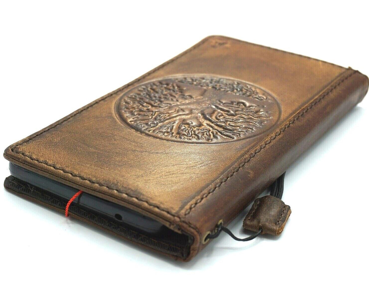 Genuine leather Google Pixel 7 Pro case with Tree of Life design, wallet style with stand, in dark retro style by DAVISCASE.
