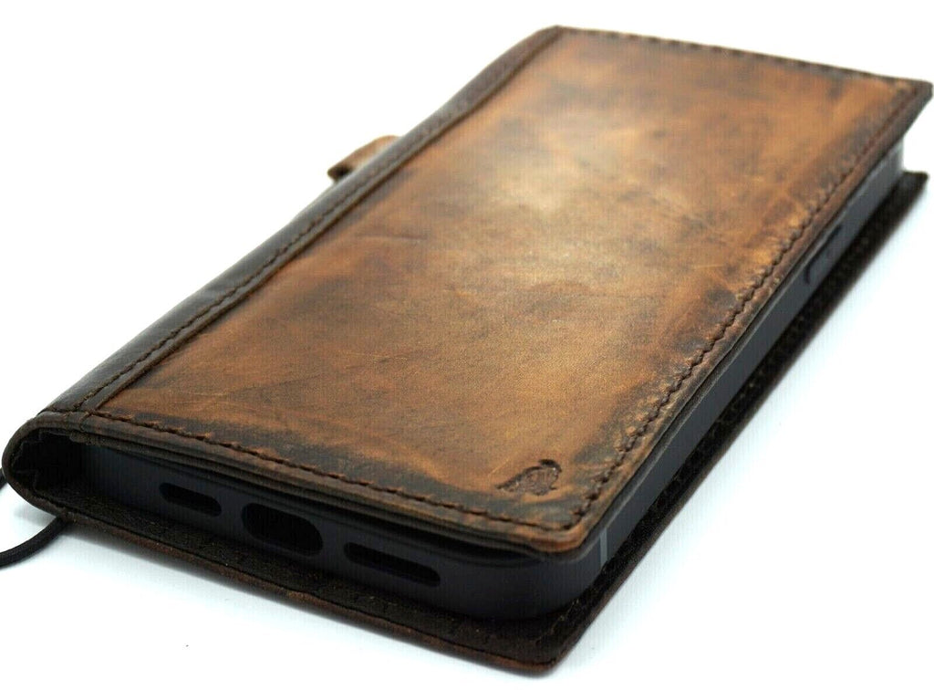 DavisCase handmade genuine leather phone case for iPhone 11-15 Pro Max with vintage style, credit card slots, and full grain leather finish.