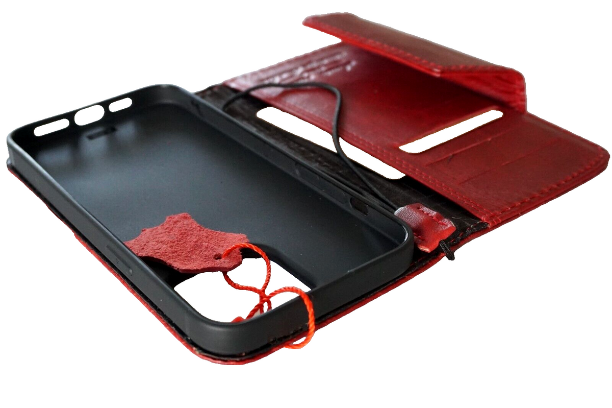 Handmade genuine leather phone case for iPhone 16, 14, 13, 12, 15 Pro Max and SE in red wine color with cross Jesus design by DAVISCASE
