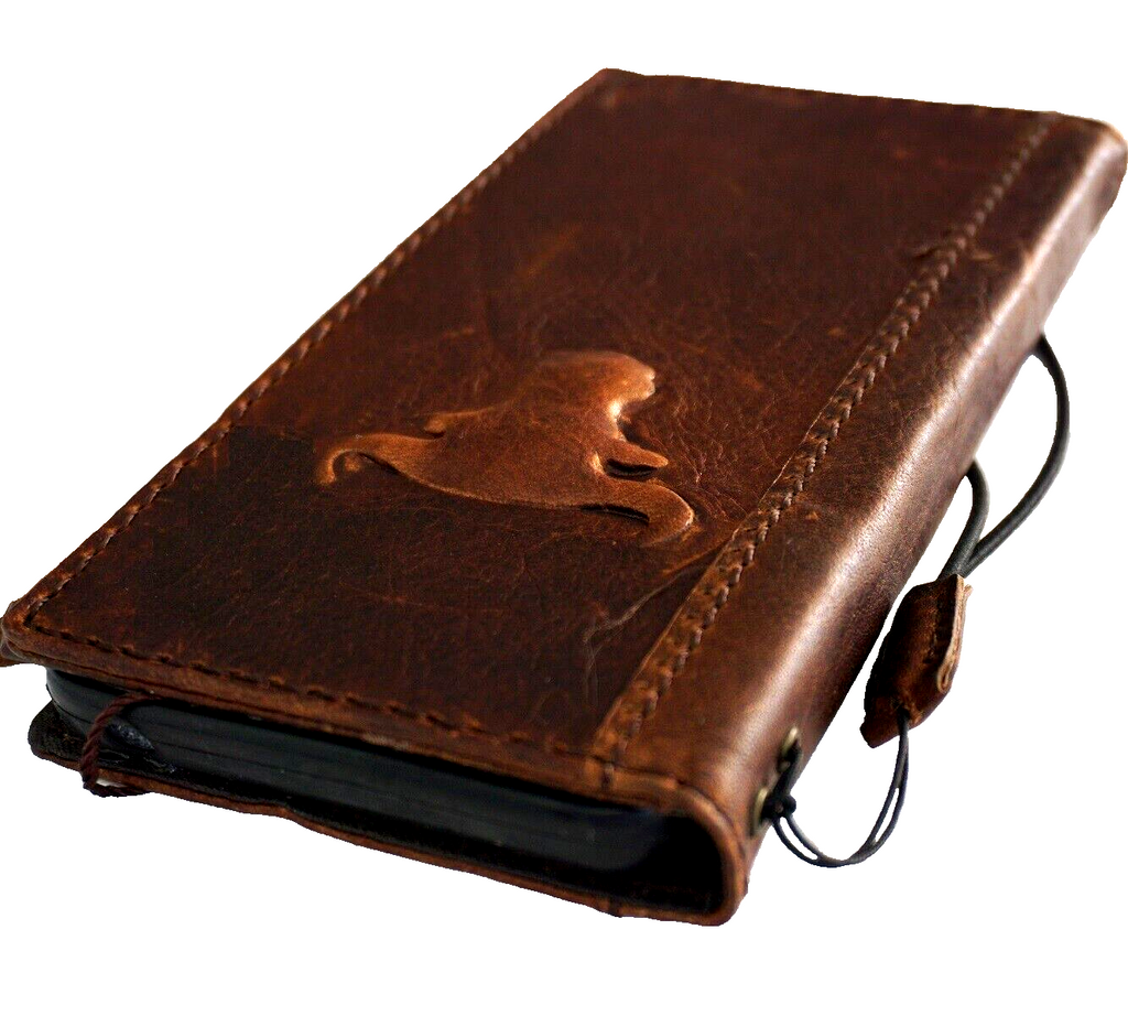 Handmade genuine leather phone case for iPhone 11-15 Pro Max with vintage tan finish, embossed design, credit card slots, and full grain leather.
