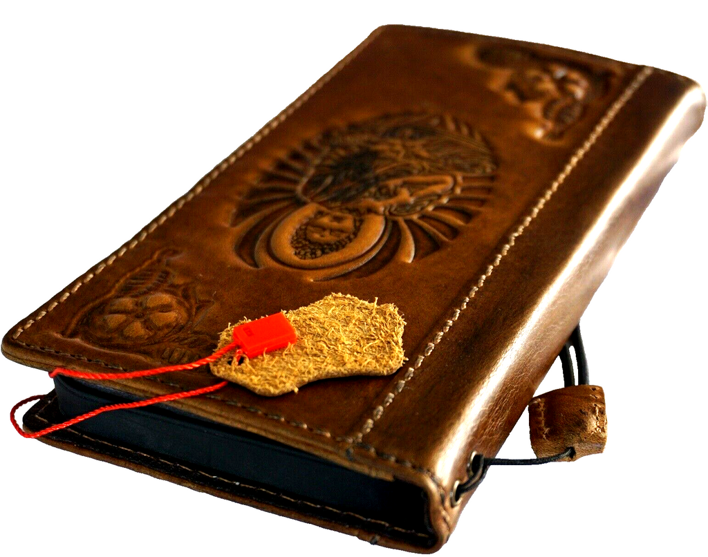 Handmade genuine leather phone case for Samsung Galaxy S22, S21, Note, A71, A51, A12, and A31 with vintage art wallet style.
