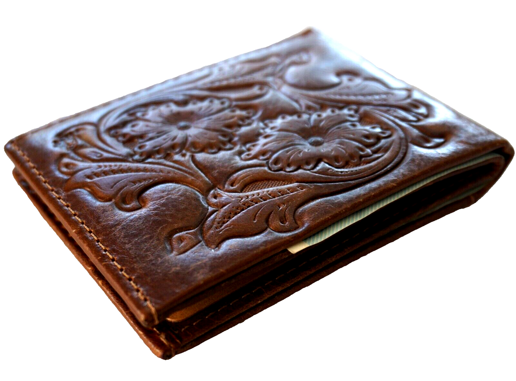 Men's genuine leather wallet by DAVISCASE with credit card slots, bill compartment, handmade tan design, decorated for luxury.