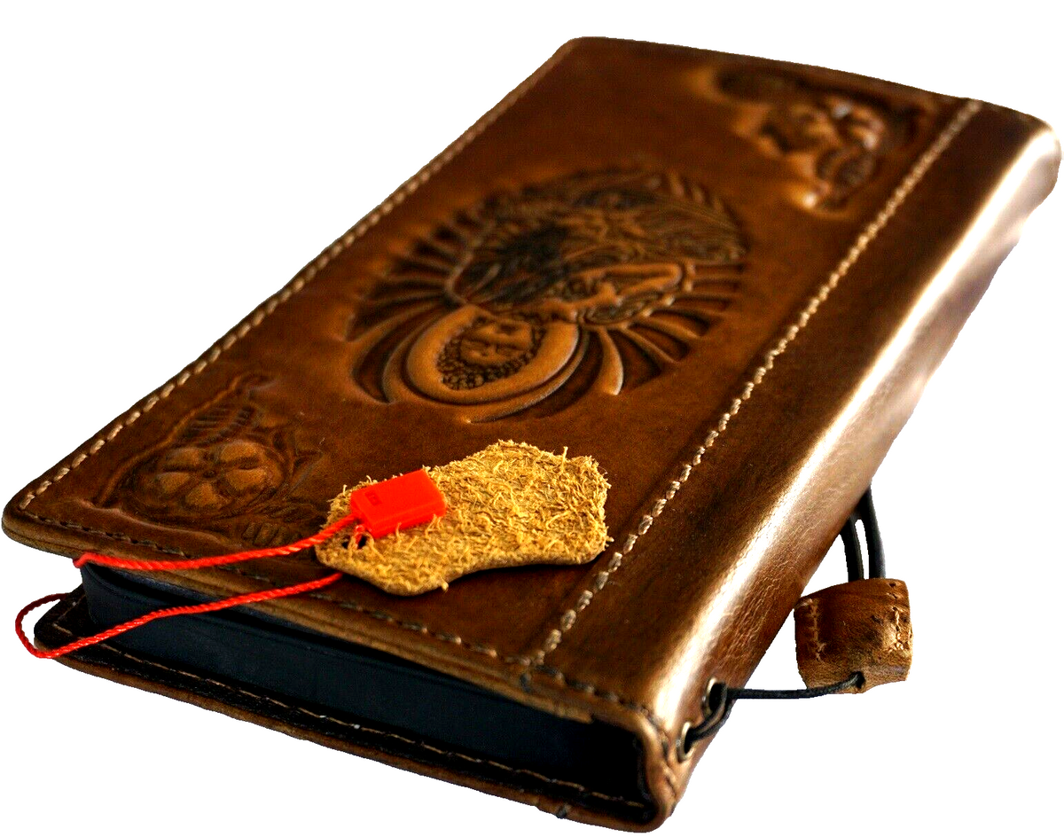 Handmade genuine leather phone case for iPhone and Samsung Galaxy, featuring vintage style Buddha and shark designs with credit card slots.