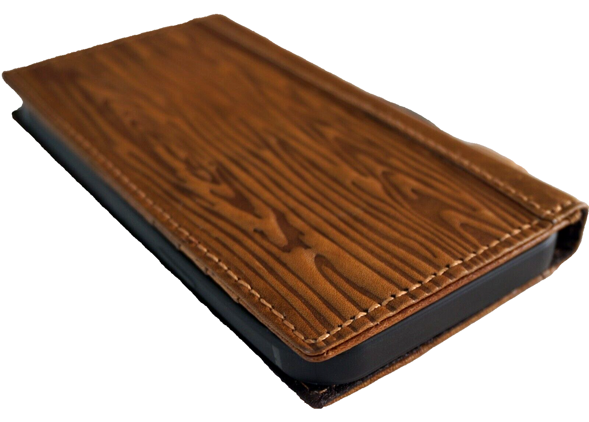 Handmade genuine leather phone case for iPhone and Air with vintage wood art, credit card slots, and full grain leather finish.
