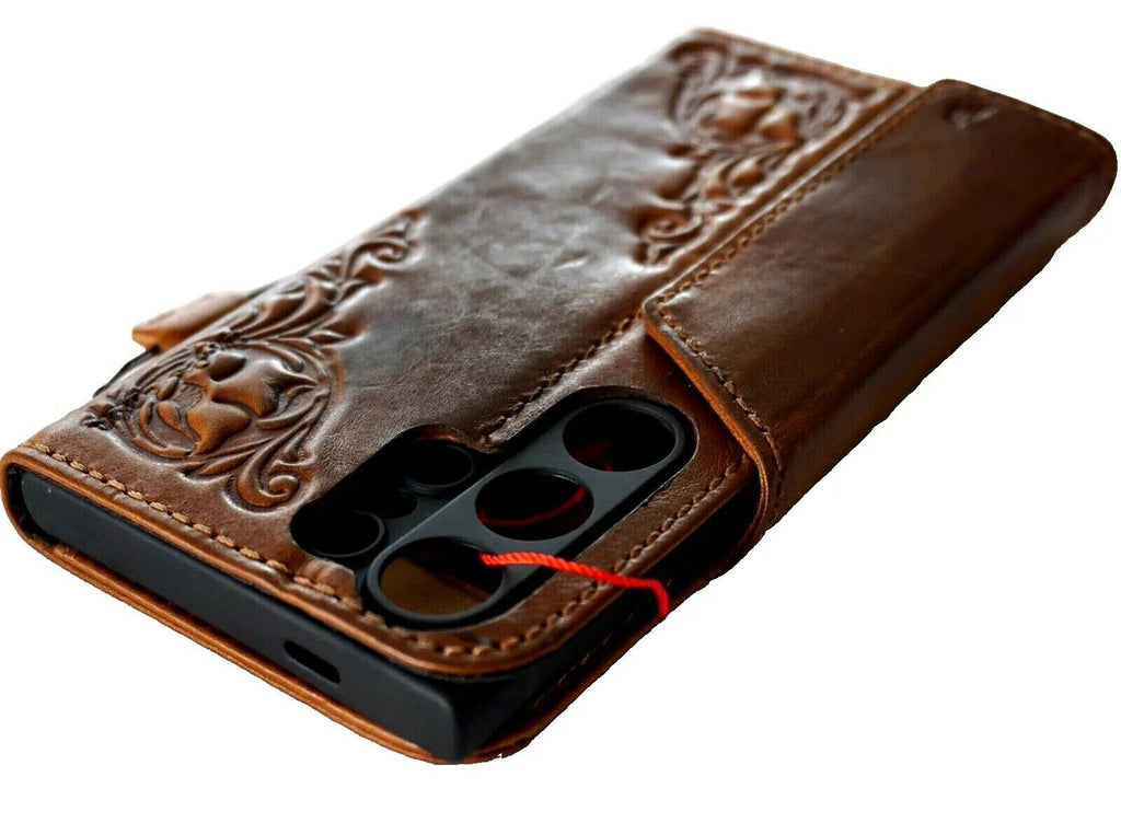 Handmade genuine leather Samsung Galaxy S24/S25/S26 Ultra wallet case with rubber holder, magnetic clasp, and wireless charging support.