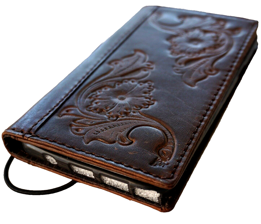Handmade genuine leather phone case for iPhone 12 to 16 Pro Max, with wallet and book cover design by DAVISCASE in dark luxury art style.