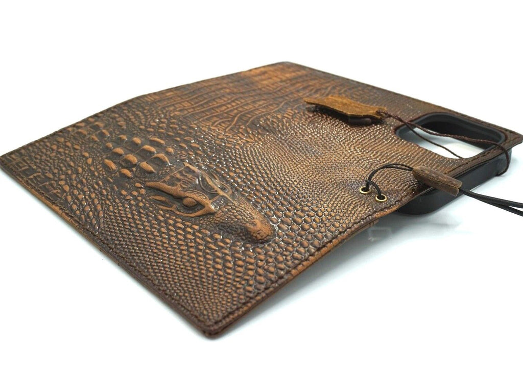 Handmade vintage crocodile style leather phone case for iPhone models, featuring a wallet design with credit card slots.