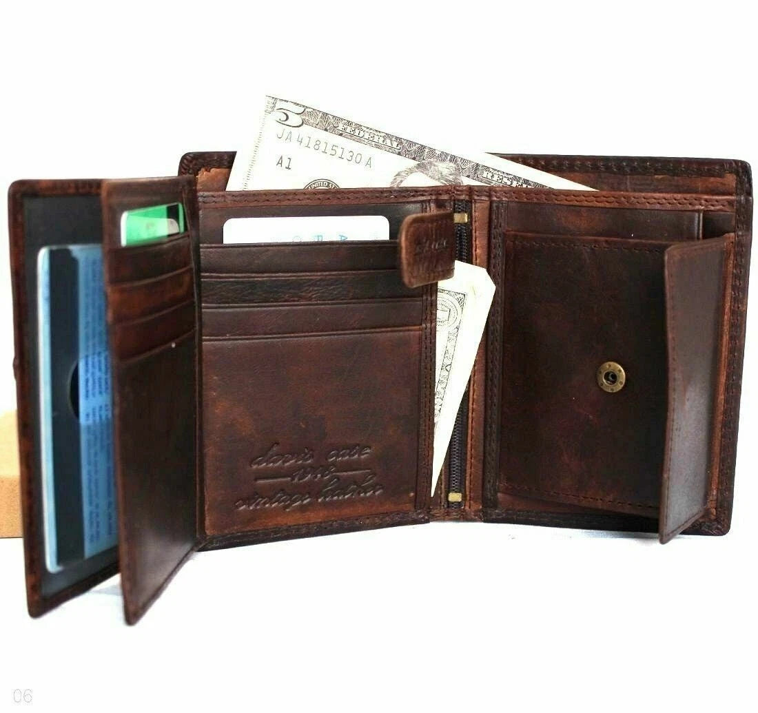 Genuine vintage leather men's wallet by DAVISCASE with 6 credit card slots, 3 ID windows, trifold design in tan leather.