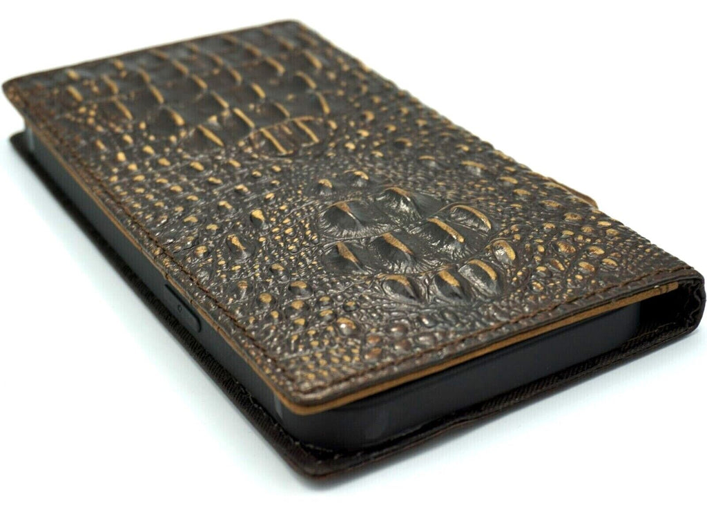 Handmade genuine leather phone case for iPhone models, featuring a crocodile style design and detailed craftsmanship by DAVISCASE.