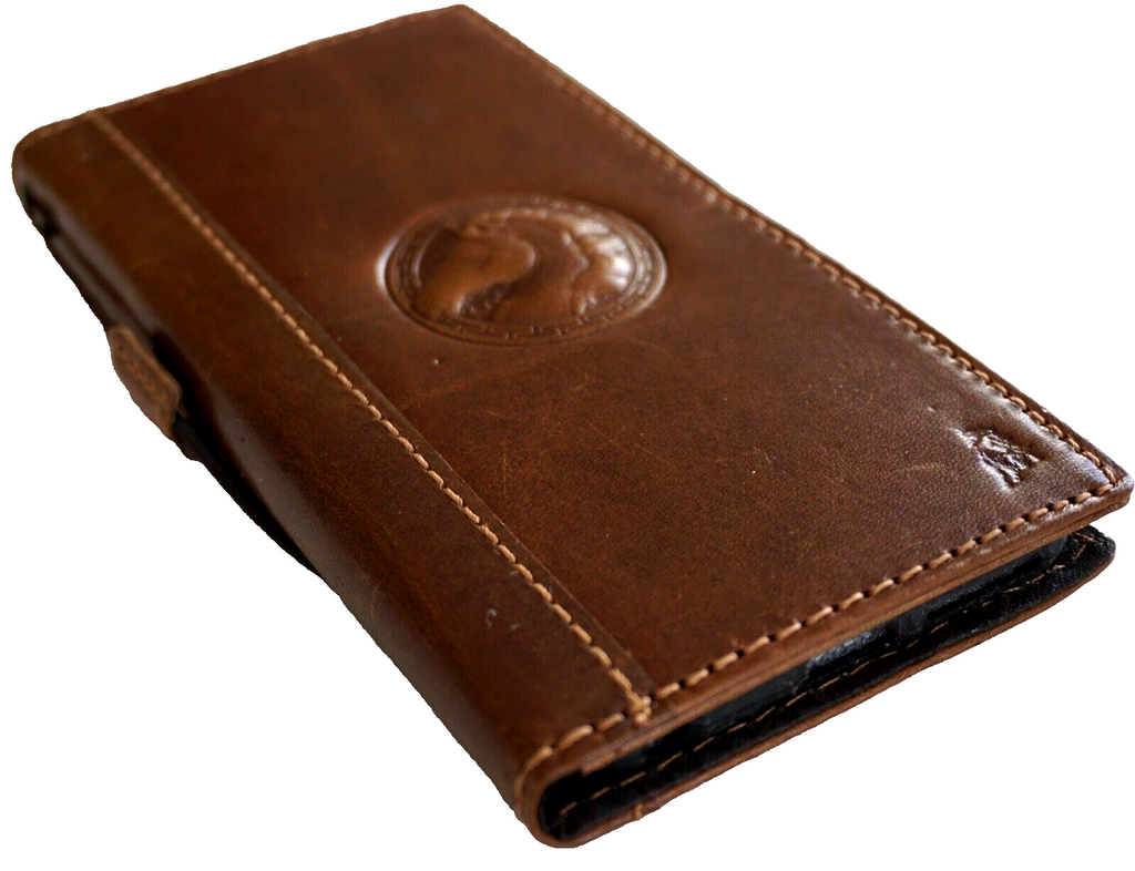 Handmade genuine leather phone case for iPhone 11-15 Pro Max, SE, XS, with vintage wallet style and full grain tan finish.