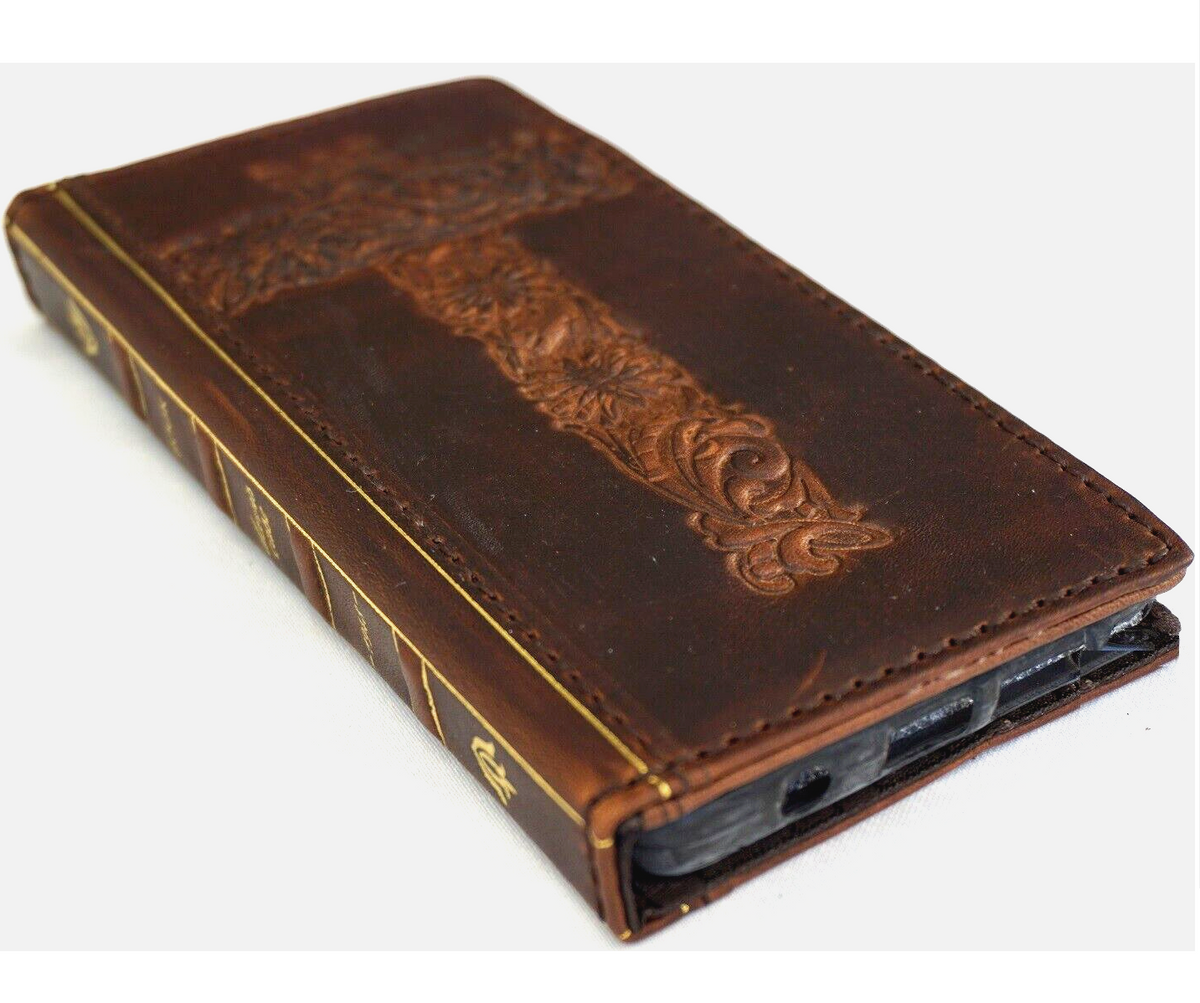 Handmade genuine leather iPhone case with cross of Jesus design, Bible book cover style for iPhone 12-16 Pro Max and SE by DAVISCASE.