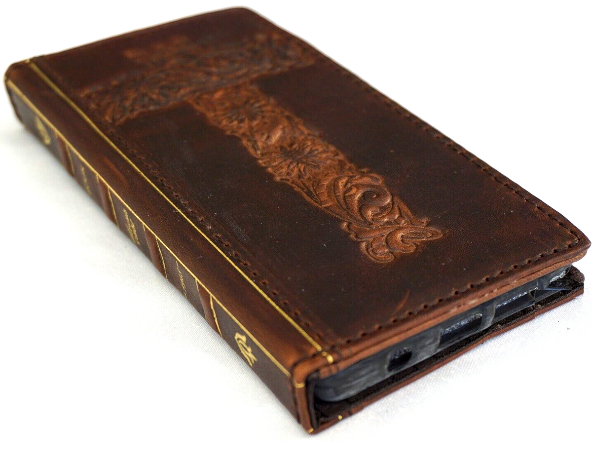 Handmade DAVISCASE genuine leather phone case for iPhone 16, 14, 13, 12, 15 Pro Max, with vintage style Bible book design.