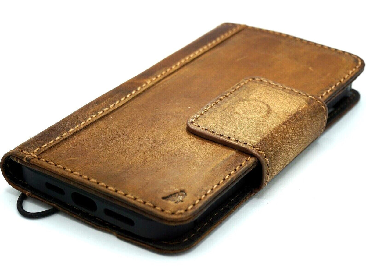 Daviscase genuine leather phone case for iPhone 13, 12, 11, 14, 15 Pro Max with vintage style wallet design and card slots.