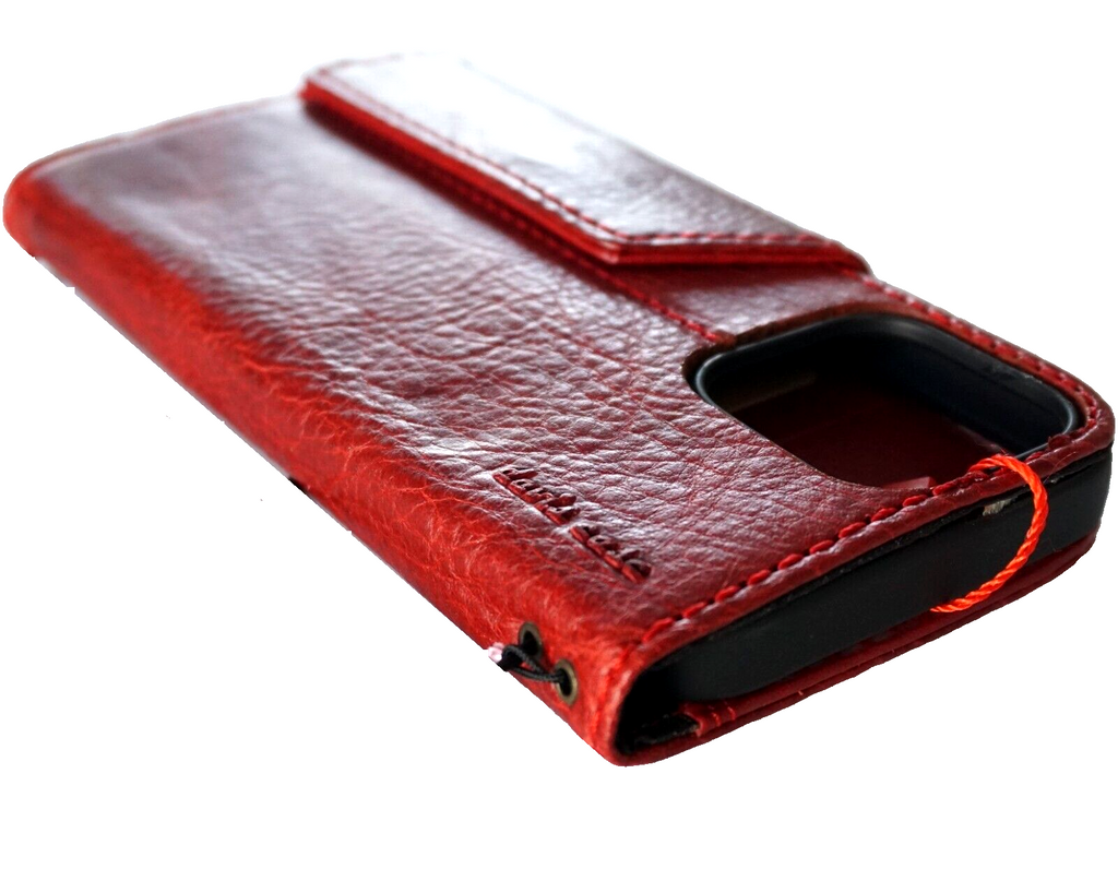 Handmade genuine leather wallet case for iPhone 16, 12, 13, 14, 15 Pro Max, 8 Plus, SE in luxury red wine style by DAVISCASE