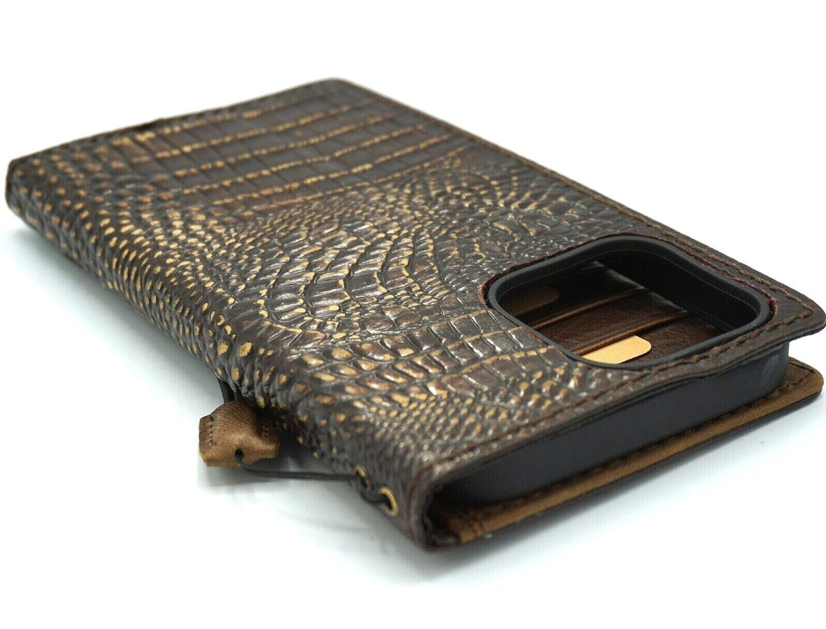 Handmade DAVISCASE genuine leather phone case for iPhone 12 to 17 Pro Max, featuring crocodile style mini art and DIY craft details.