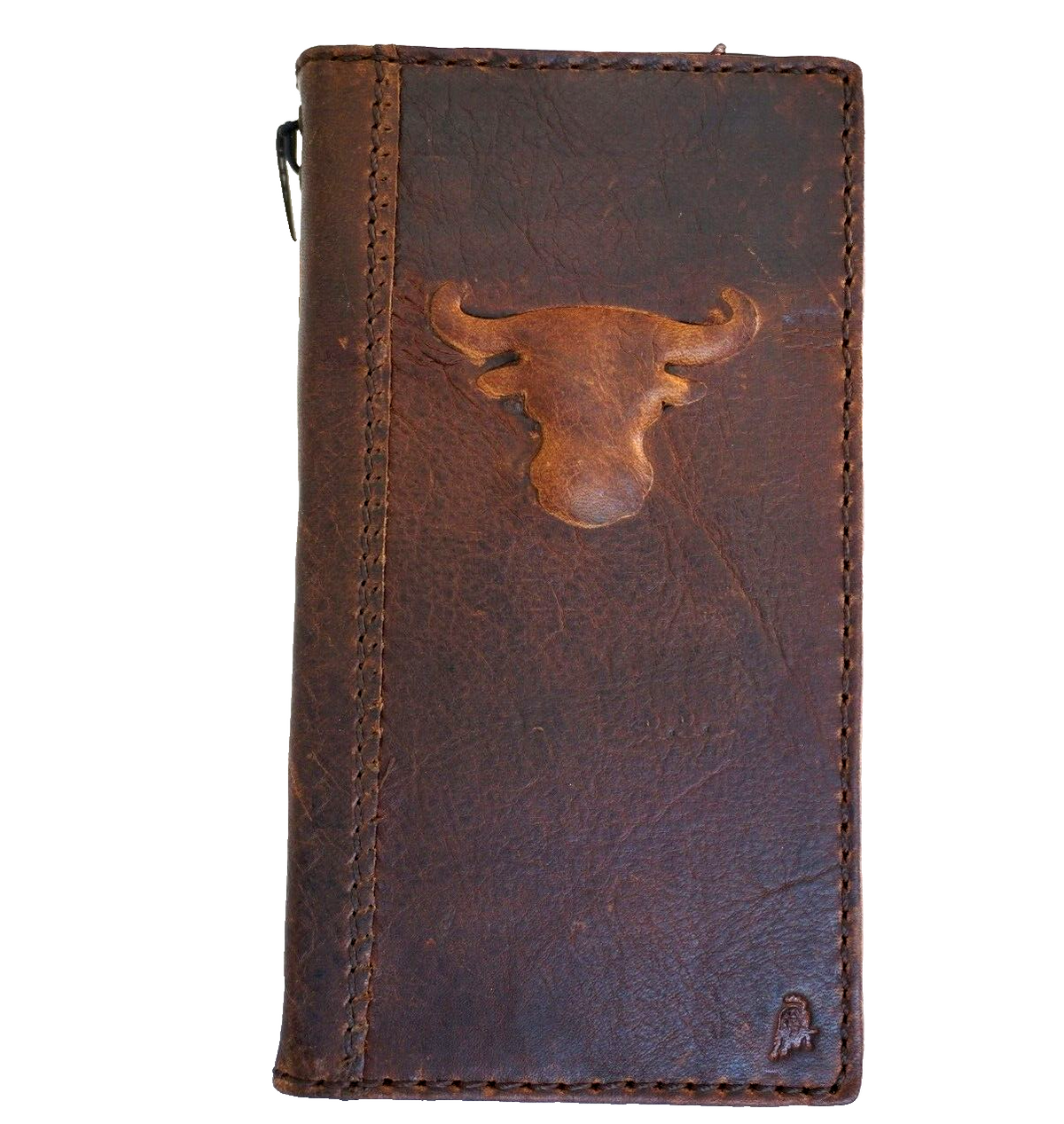 Genuine leather phone case for iPhone 11-15 Pro Max, handcrafted by DAVISCASE, vintage tan style with credit card slots and embossed design.