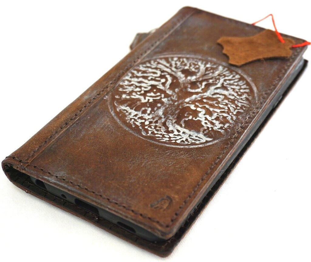 Handmade leather phone case for iPhone 12-16 Pro Max, vintage leather wallet book with Tree of Life design by DAVISCASE.