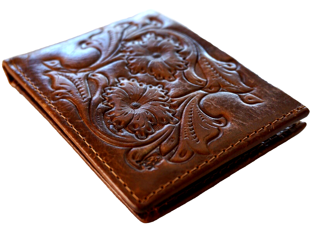 Men's genuine leather wallet by DAVISCASE with credit card slots, bill compartment, handmade tan design, and hand-decorated details.