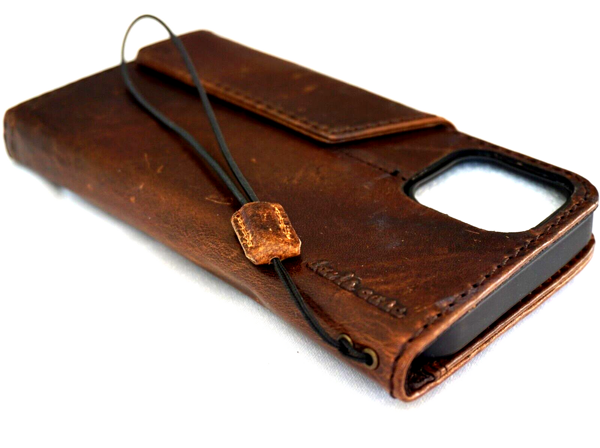 Handmade genuine leather wallet phone case for iPhone 12-16 Pro Max from DAVISCASE, with horse style design and mini art details.