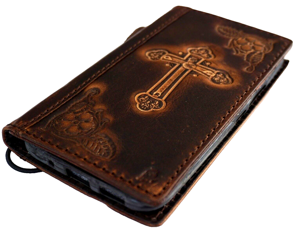 DavisCase genuine leather wallet case for Google Pixel models, featuring Jesus cross design and card slots in black leather.