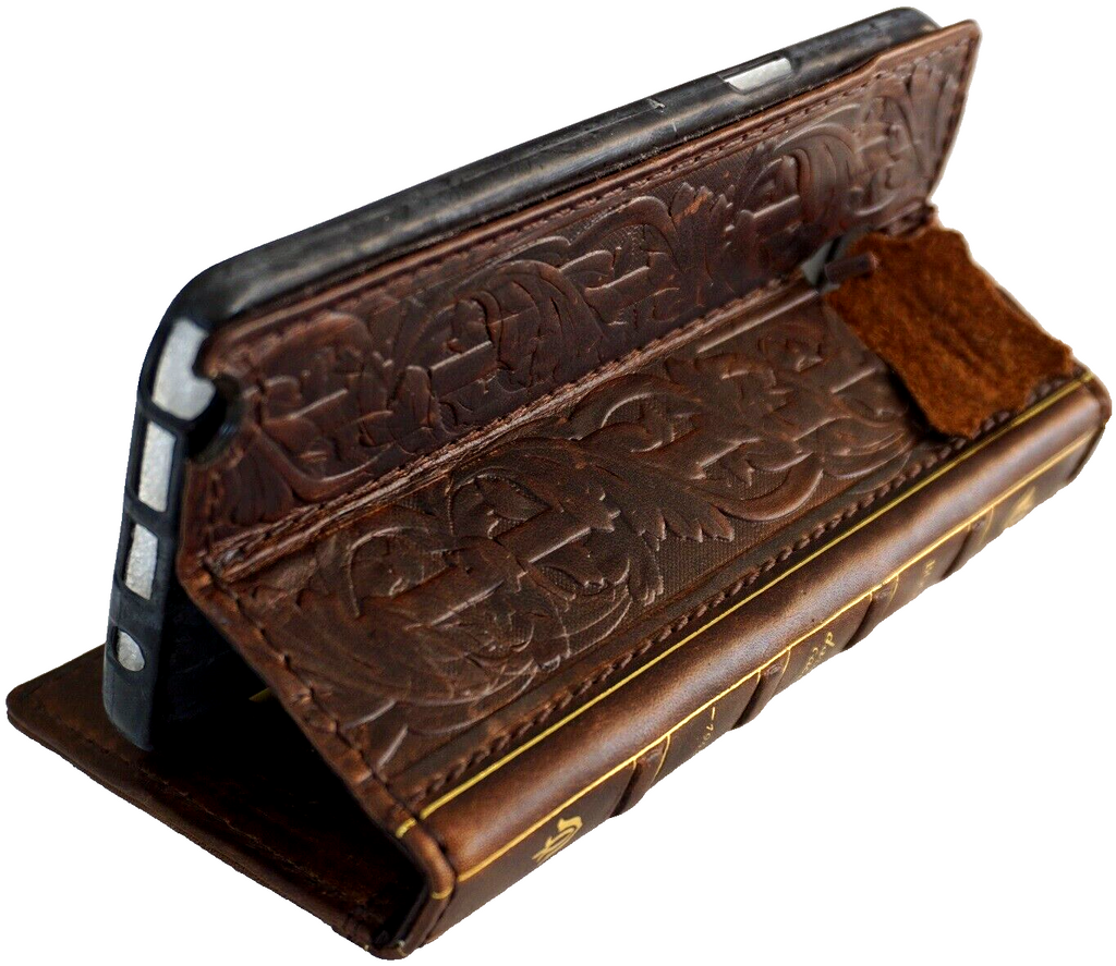 Handmade genuine leather phone case for Samsung Galaxy S24, S25, S22, S21, S20, Note models, with wallet and Bible book design.