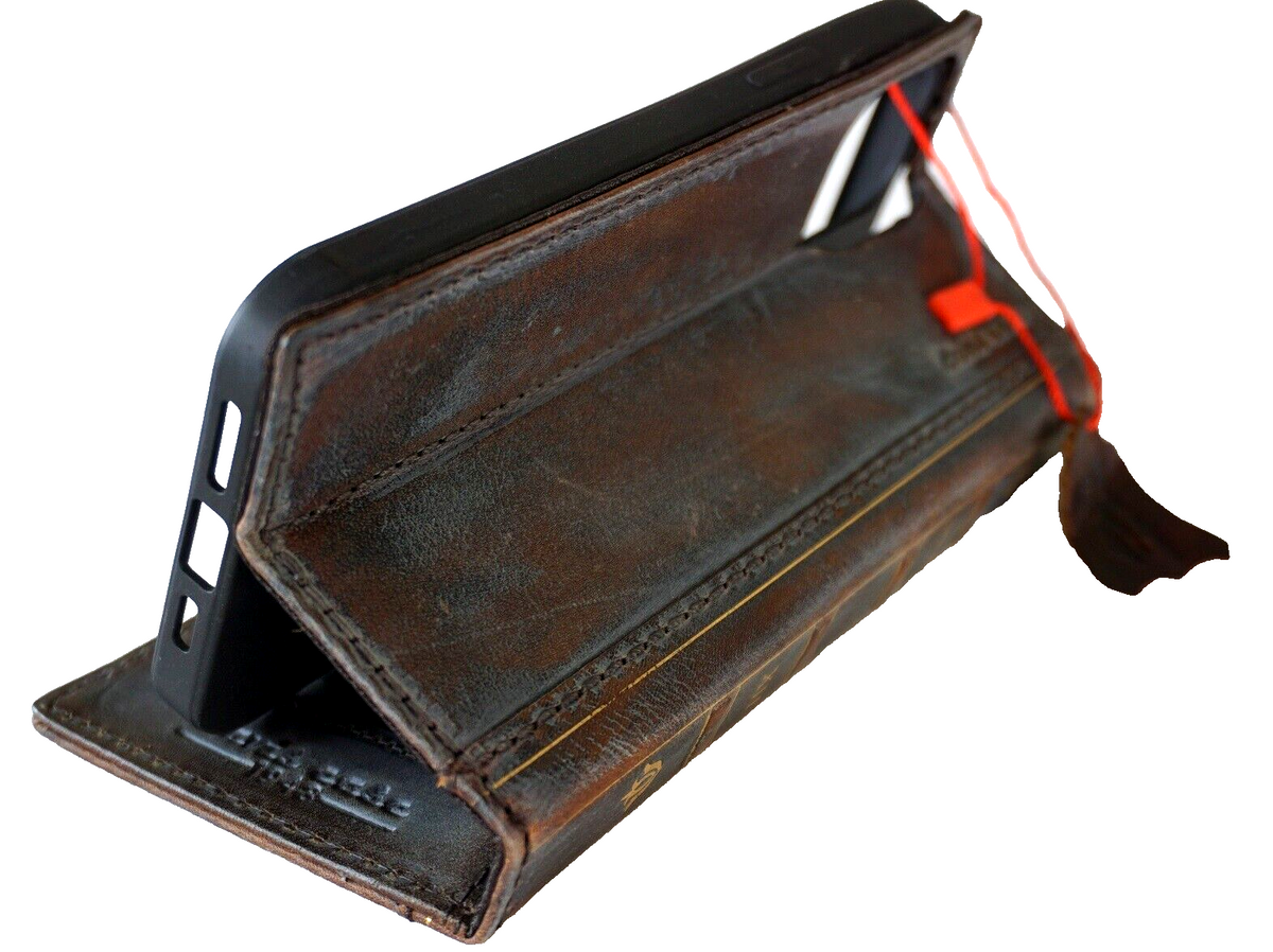 Handmade DAVISCASE genuine leather phone case for Galaxy S series, featuring a vintage Bible book style with wallet and Z Fold cover design.