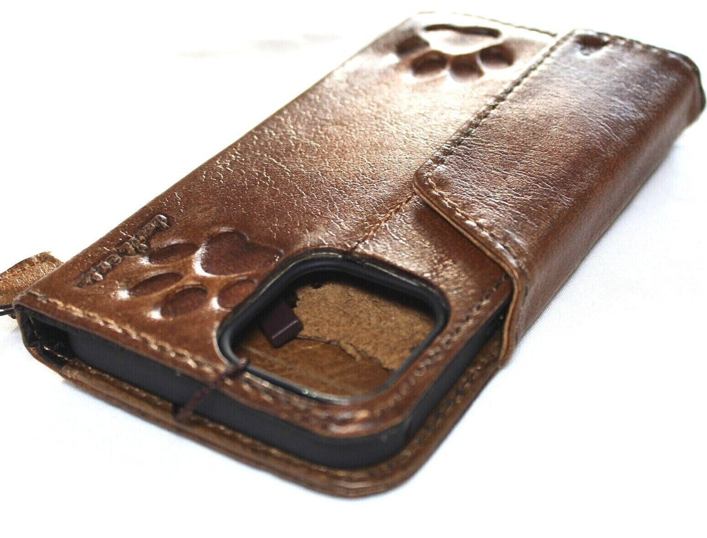 Handmade leather phone case for iPhone 11-16 Pro Max, SE 2020, XS with dog paw design and magnetic closure by DAVISCASE.