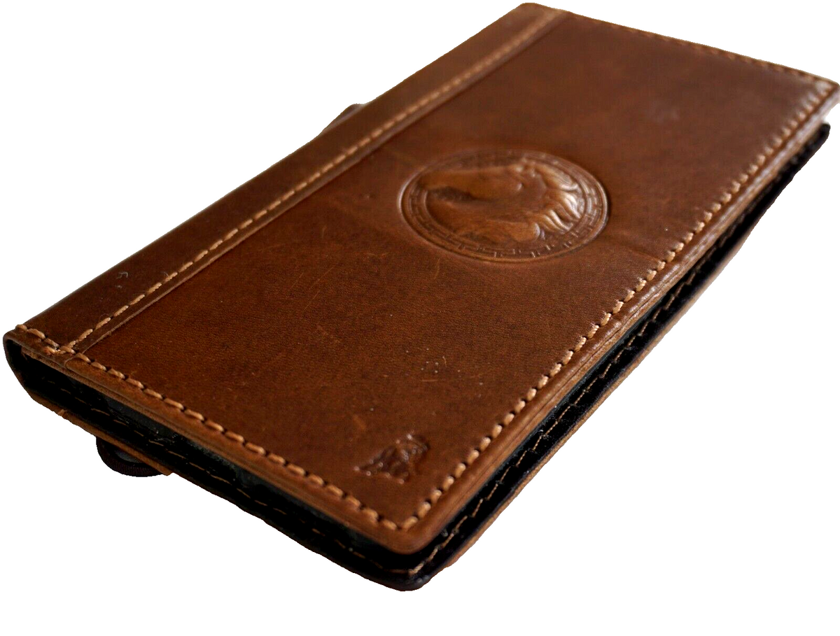 Handmade genuine leather phone case by DAVISCASE for iPhone 11-15 Pro Max and others, featuring vintage tan design and credit card slots.