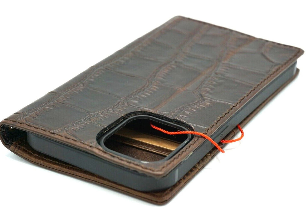 Handmade genuine leather phone case with wallet for Galaxy S series and Z Fold, crocodile style cover by DAVISCASE.