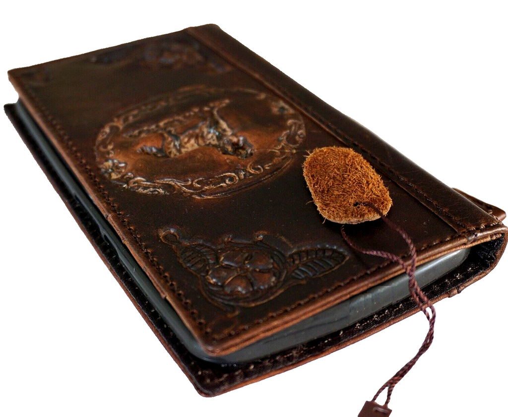 Handmade genuine leather phone case for iPhone models with vintage style, credit card slots, and full grain leather from DAVISCASE