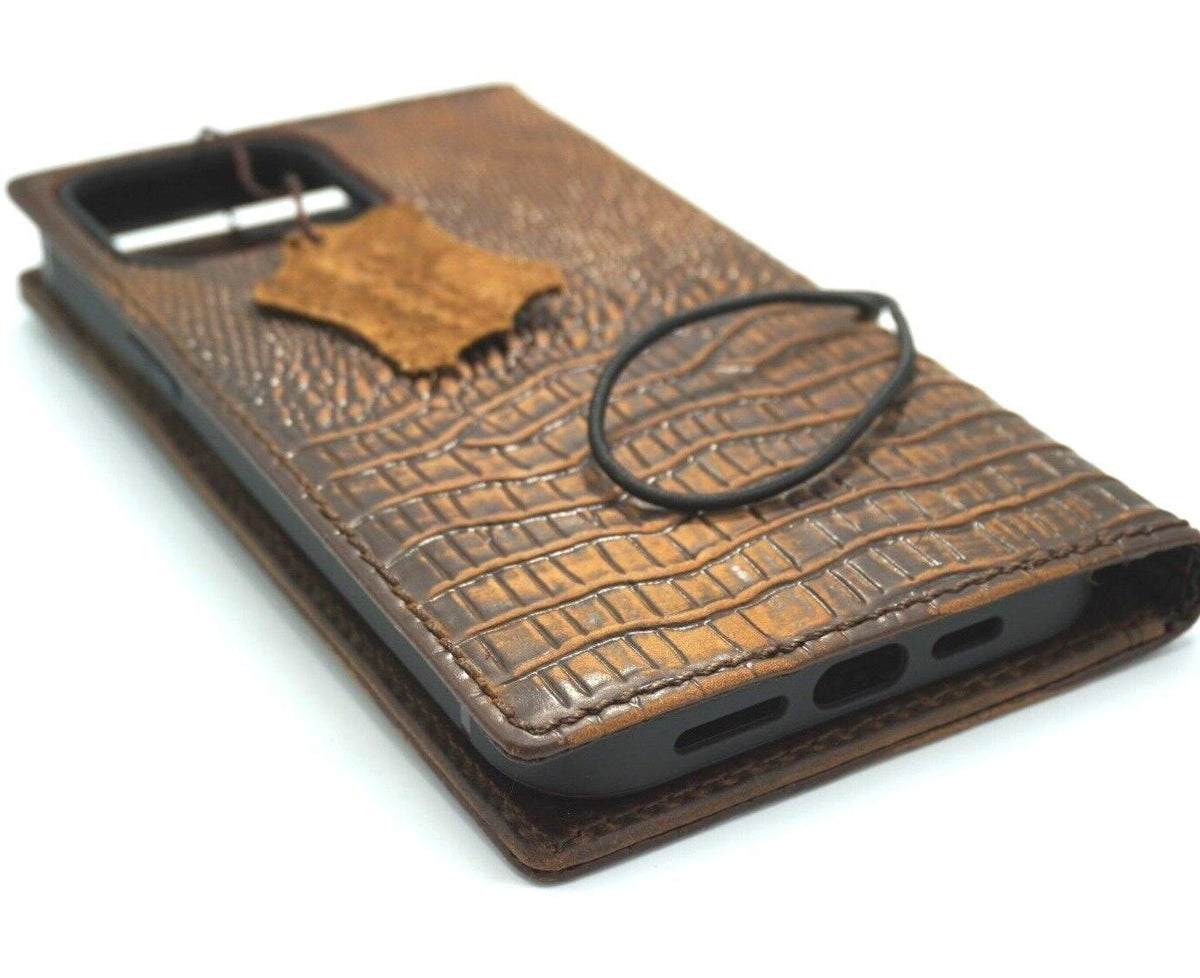 Handmade genuine leather wallet phone case for Galaxy Z Fold 3-7 with vintage crocodile style, credit card slots, by DAVISCASE