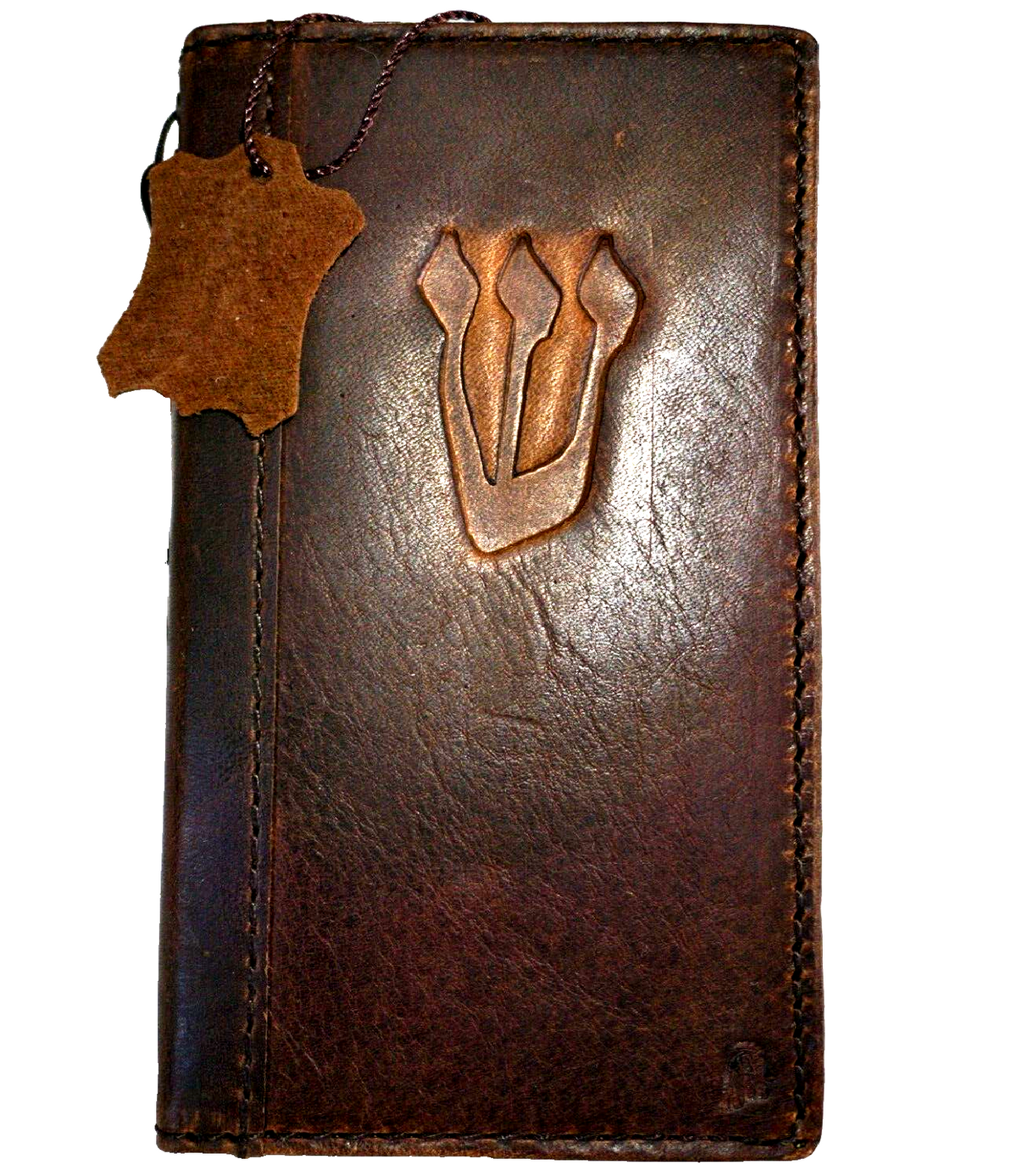 Handmade genuine leather phone case for iPhone 11-15 Pro Max, vintage style, full grain dark leather, featuring card slots and Jewish Mezuzah cover.