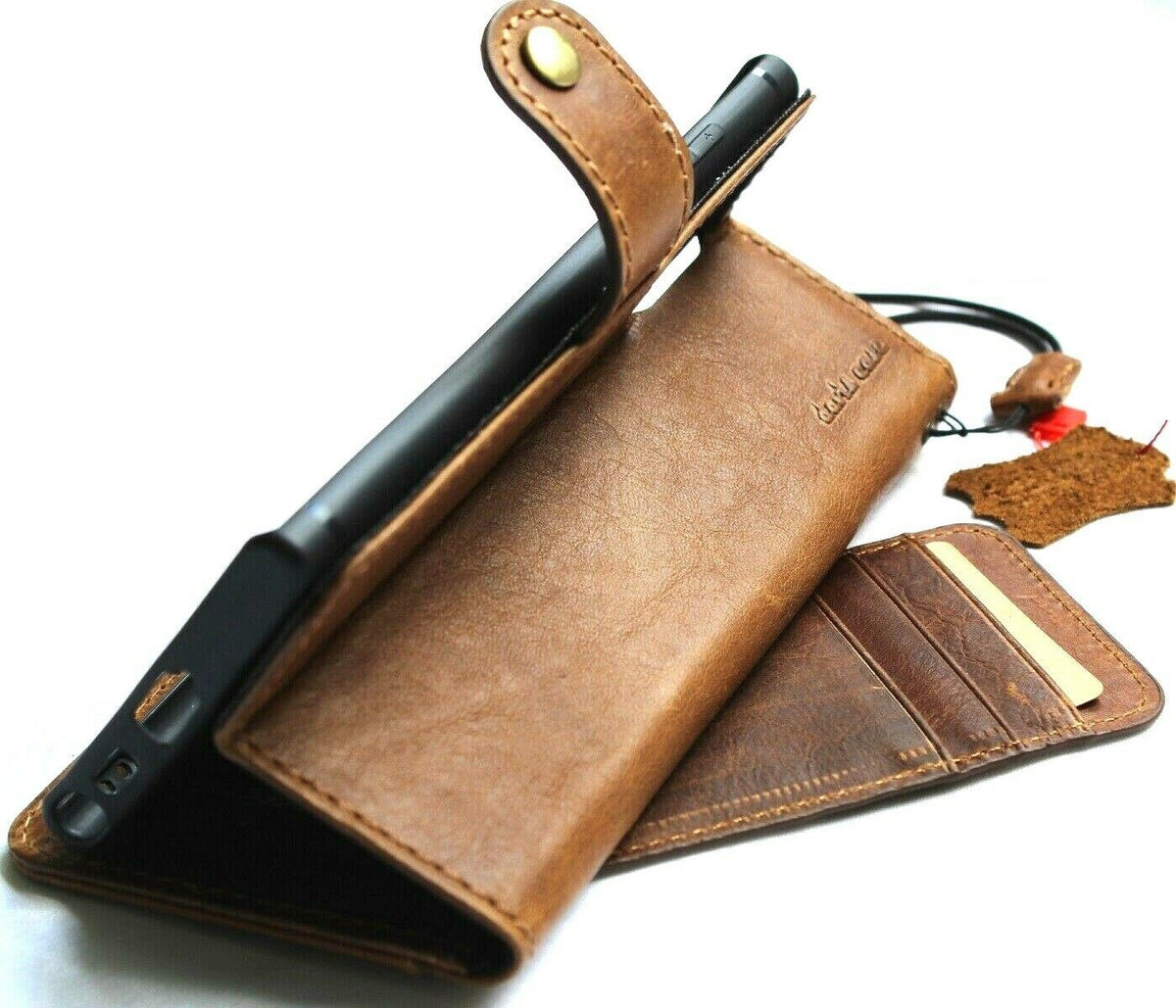 DAVISCASE genuine leather phone case for Galaxy A32, A54, S22, S21, Z Fold, and more with vintage tan wallet cover and clasp.