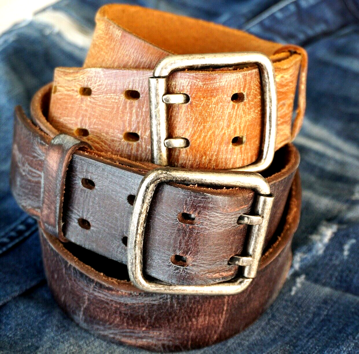 Handmade genuine leather belt for men and women with vintage double holes and distressed stone wash finish, available in multiple sizes.