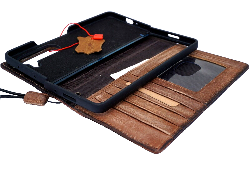 Handmade genuine leather phone case with wallet and Bible book design for Galaxy S24, S25, S26 Ultra, Z Fold 8, 6, 7 in vintage style
