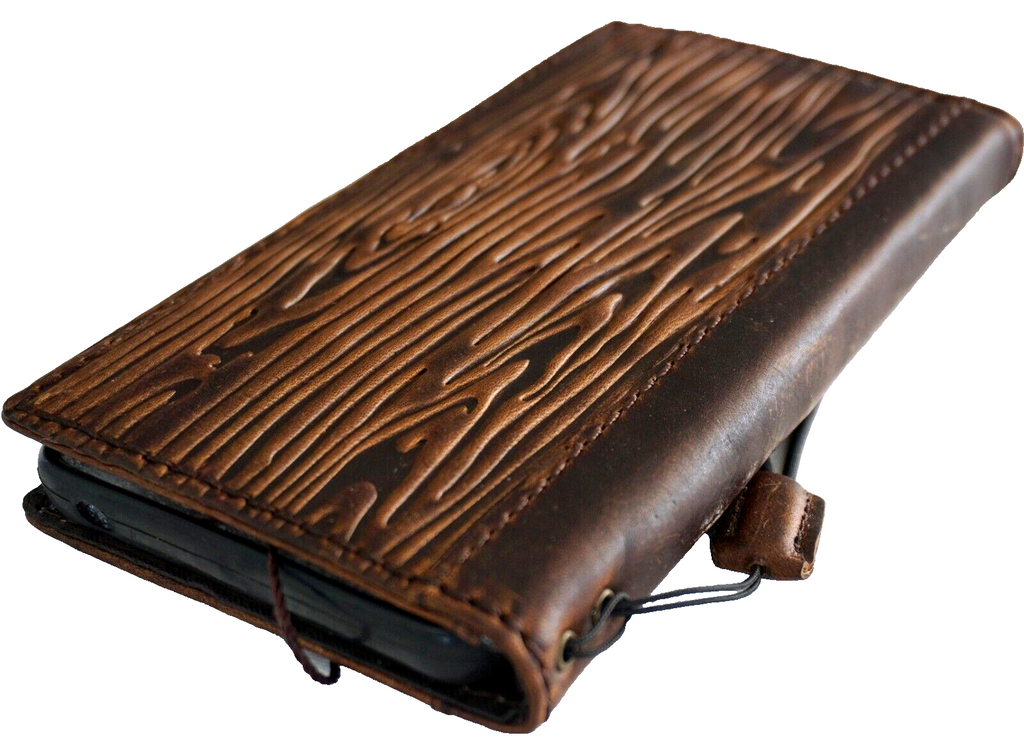 Handmade DAVISCASE genuine leather phone case with shark wood style for iPhone models, featuring credit card slots and wallet design.