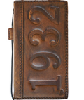 DavisCase genuine leather phone wallet case for iPhone 11 to 15 Pro Max with vintage dog paw design, credit card slots, full grain leather
