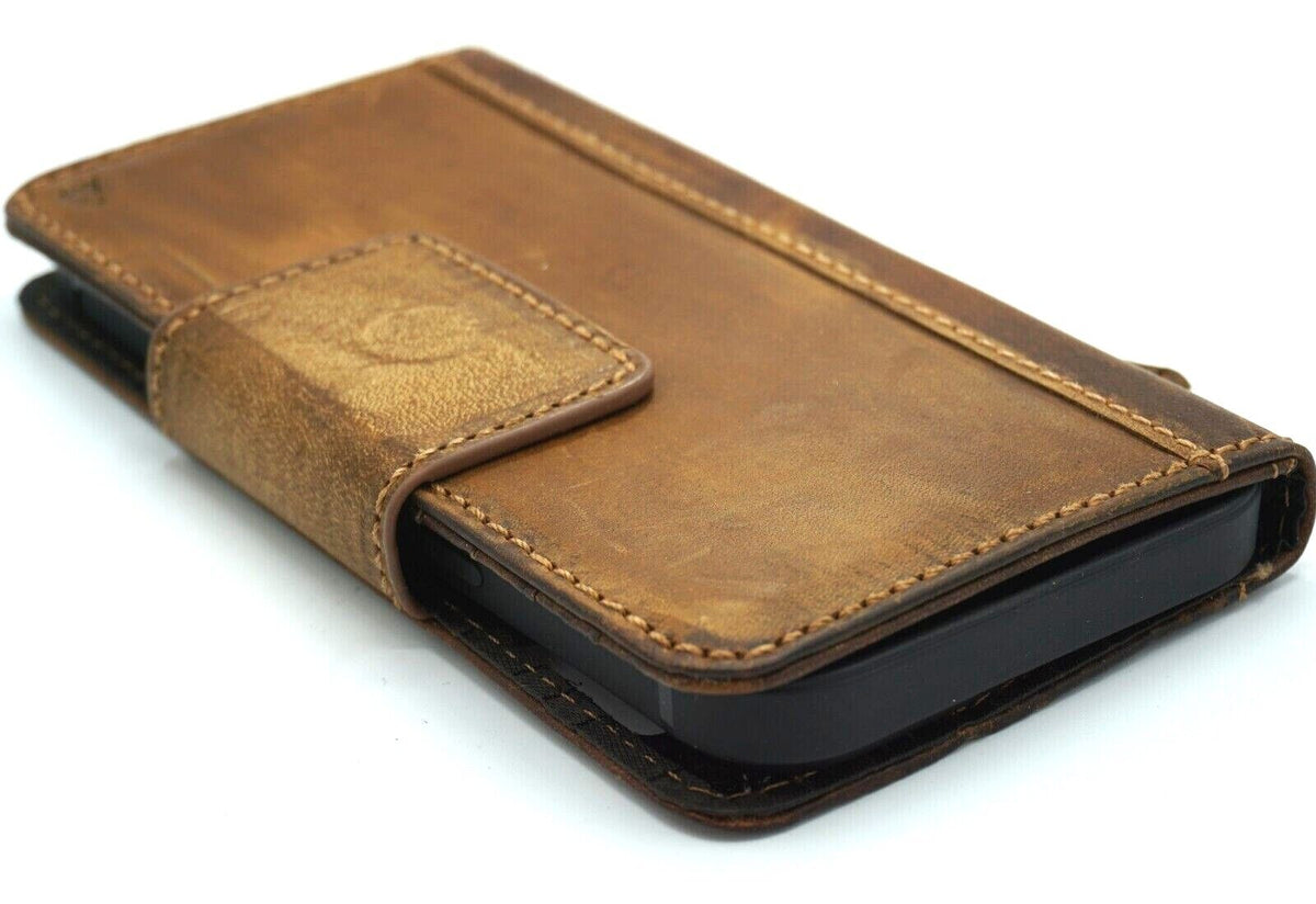 Vintage leather wallet phone case for iPhone models, handmade by DAVISCASE with credit card slots and magnetic closure.