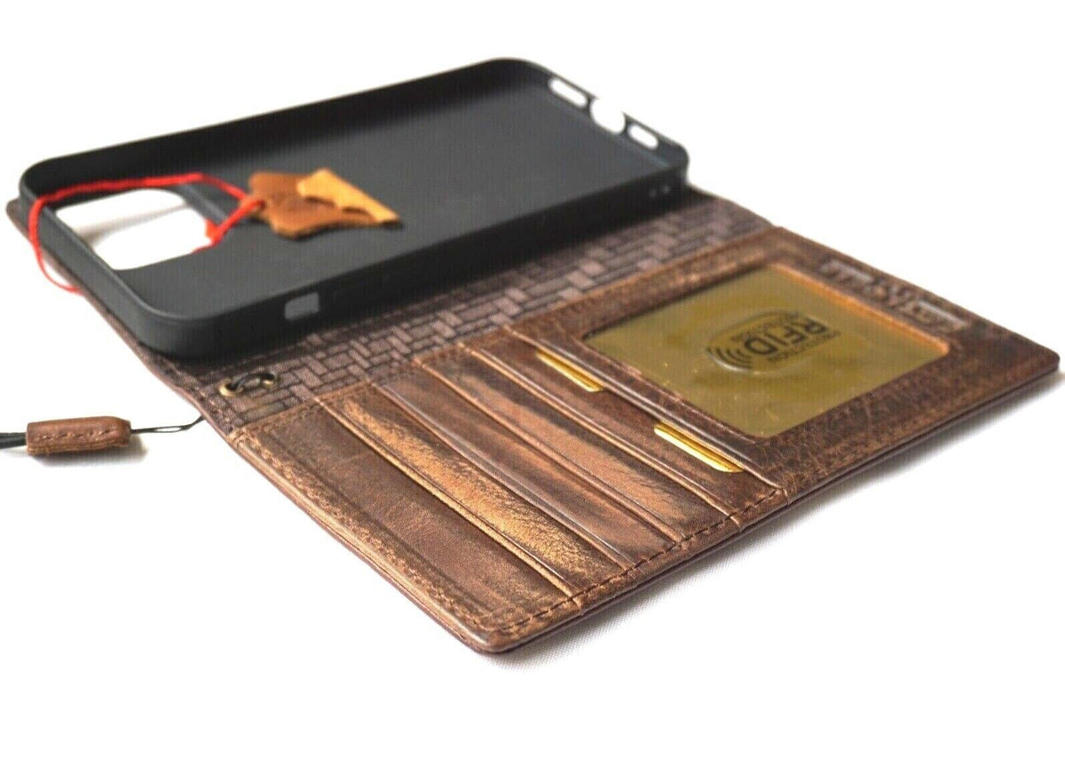 DavisCase genuine leather phone case for iPhone 12 Pro Max, vintage crocodile style, with wallet slots and full grain leather finish.