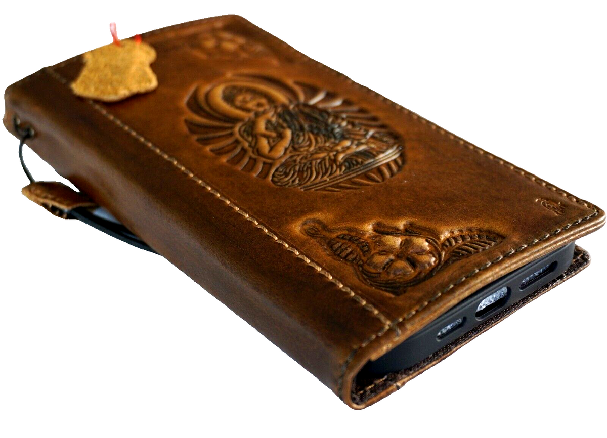 Handmade genuine leather phone case for iPhone and Air models with Buddha shark design, vintage style, credit card slots, DAVISCASE