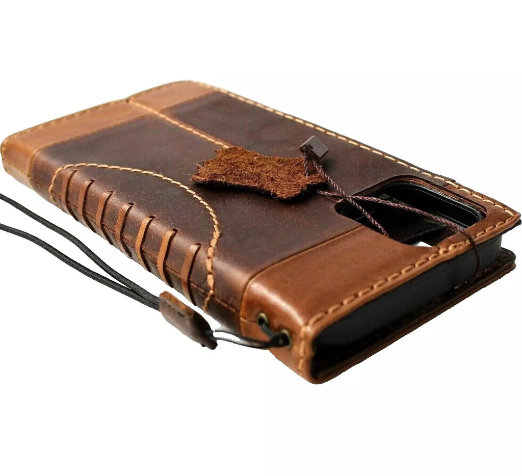 Handmade genuine leather phone case for iPhone 16, 12, 13, 14, 15 Pro Max, featuring a mini football design and wallet style.