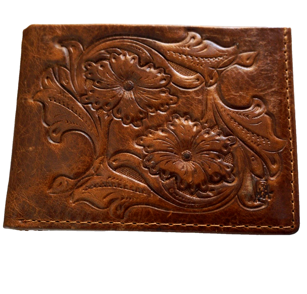 Men's genuine leather wallet by DAVISCASE with credit card slots, bill compartment, handcrafted tan design, and hand-decorated details.