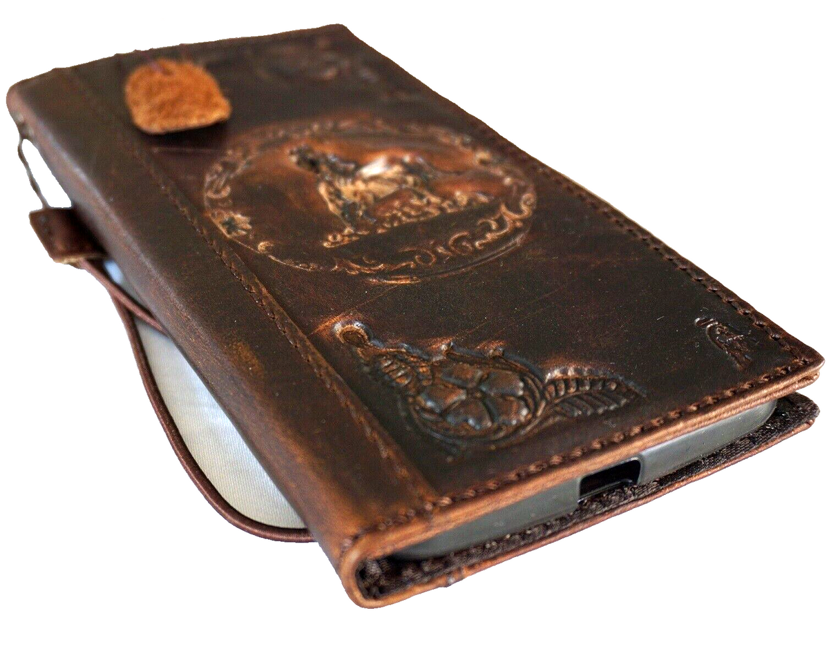 Handmade genuine leather phone case for iPhone 11-16 Pro Max and Plus models, with vintage style, credit card slots, and full grain leather.