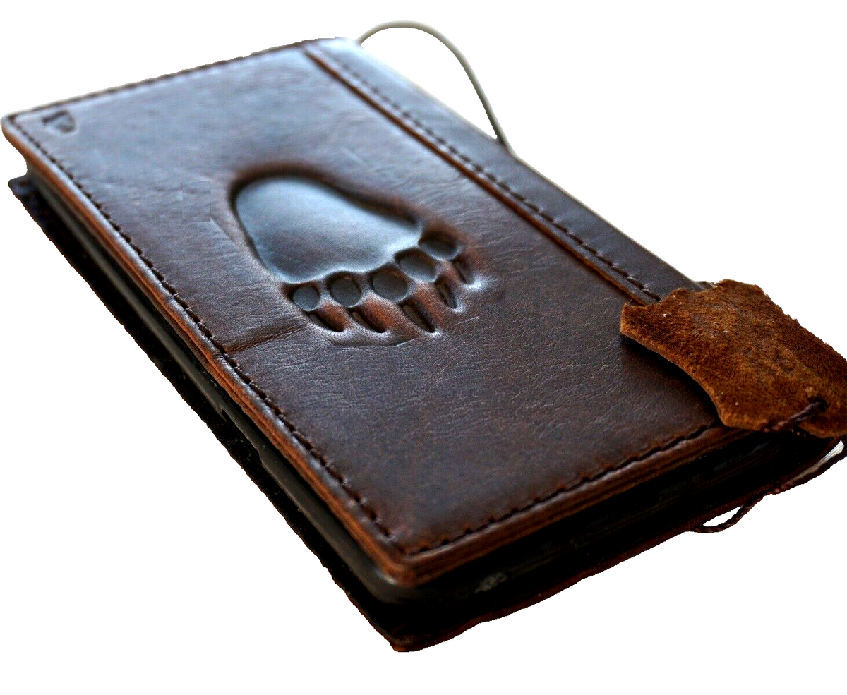 Handcrafted vintage leather wallet case for iPhone 11-15 Pro Max, featuring bear paw design, credit card slots, and full grain leather.