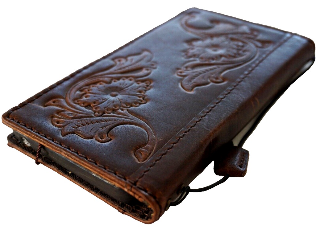 Handmade genuine leather phone case by DAVISCASE for iPhone 16, 12, 13, 14, 15 Pro Max, with a dark, luxurious book-style wallet cover.